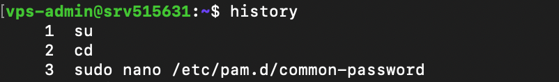 Der Befehl history zeigt den Verlauf des Terminals an.
