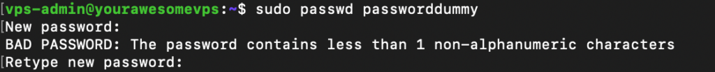 Terminal warnt Benutzer vor einem schlechten Passwort
