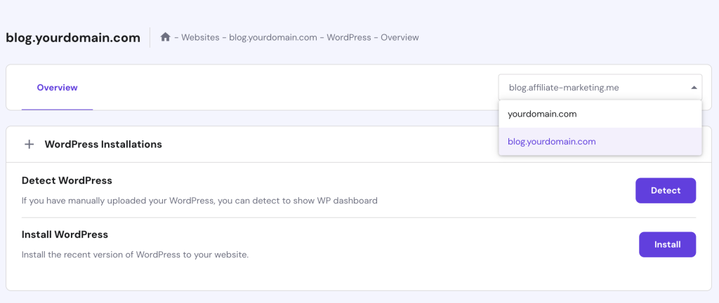 Die WordPress-Installationsfunktion in hPanel