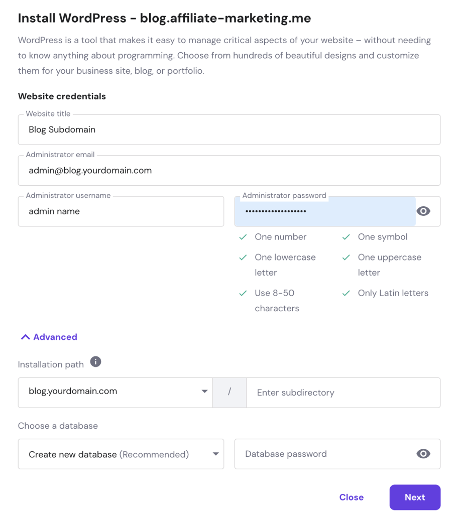 Die WordPress-Installationseinstellungen in hPanel