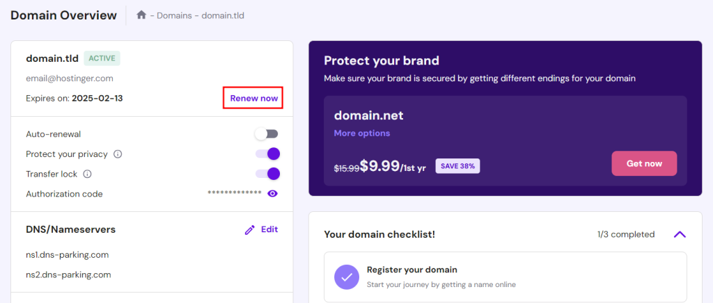 Abschnitt Domainübersicht, mit Fokus auf die Option zur Verlängerung einer Domain