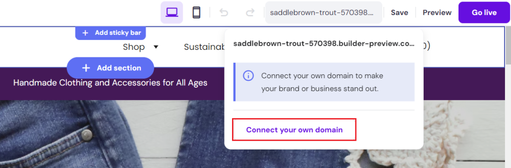 Hostinger Website-Baukasten mit Fokus auf die Option, einen temporären Domainnamen durch einen eigenen zu ersetzen