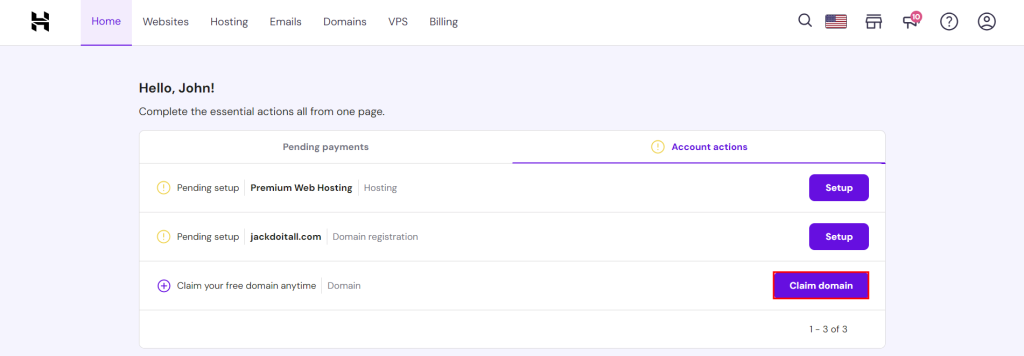 Beanspruchung einer kostenlosen Domain auf der Homepage von hPanel
