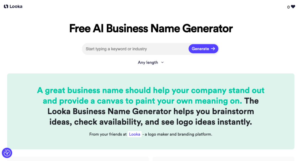 Looka-Landingpage für den Firmennamengenerator