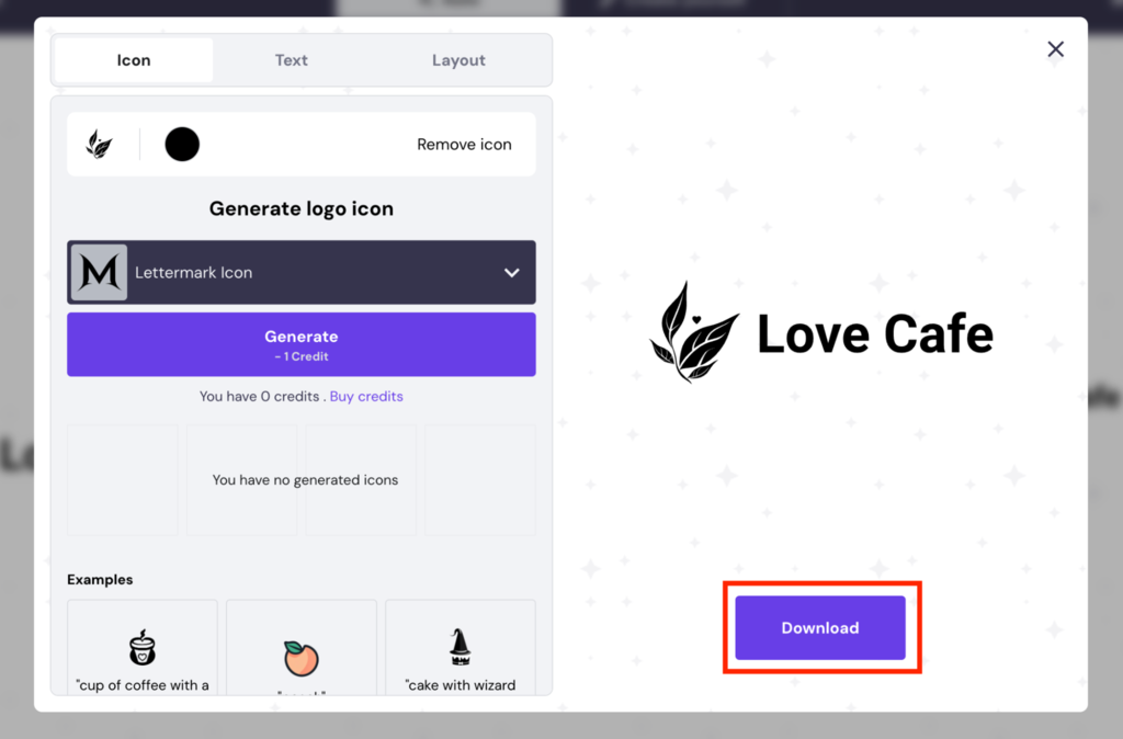 Nahaufnahme der Optionen zur Logo-Bearbeitung mit hervorgehobenem Download-Button