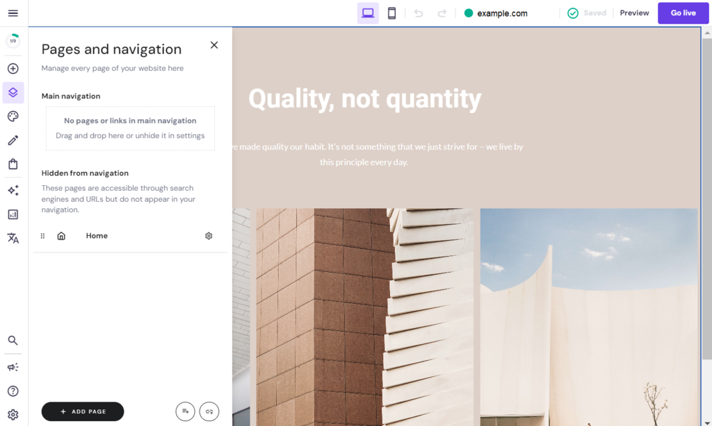 Seiten- und Navigationseditor des Hostinger Website Builders
