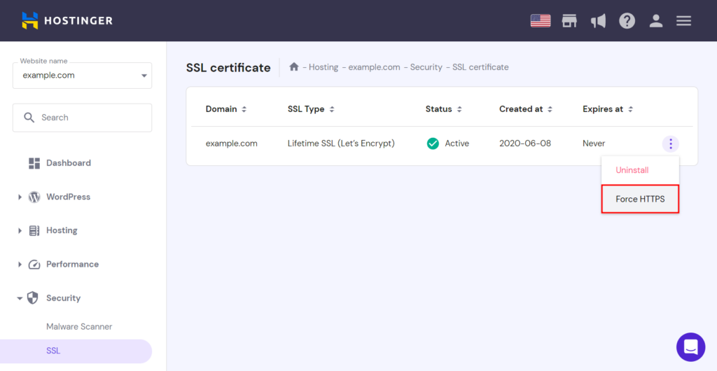 „Force HTTPS“ für eine Domain auf der Seite „Sicherheit“ von hPanel auswählen