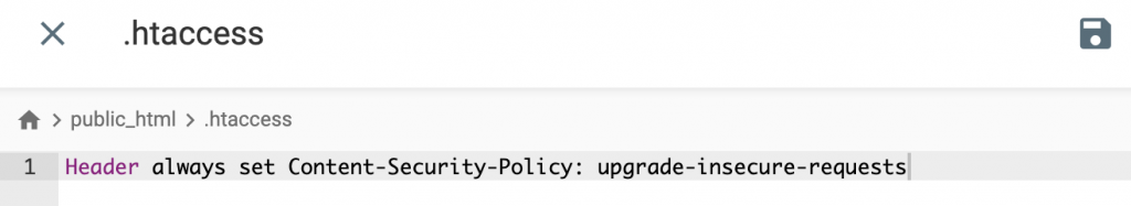 Der Inhalt einer .htaccess-Datei mit dem hinzugefügten Content-Security-Policy-Header