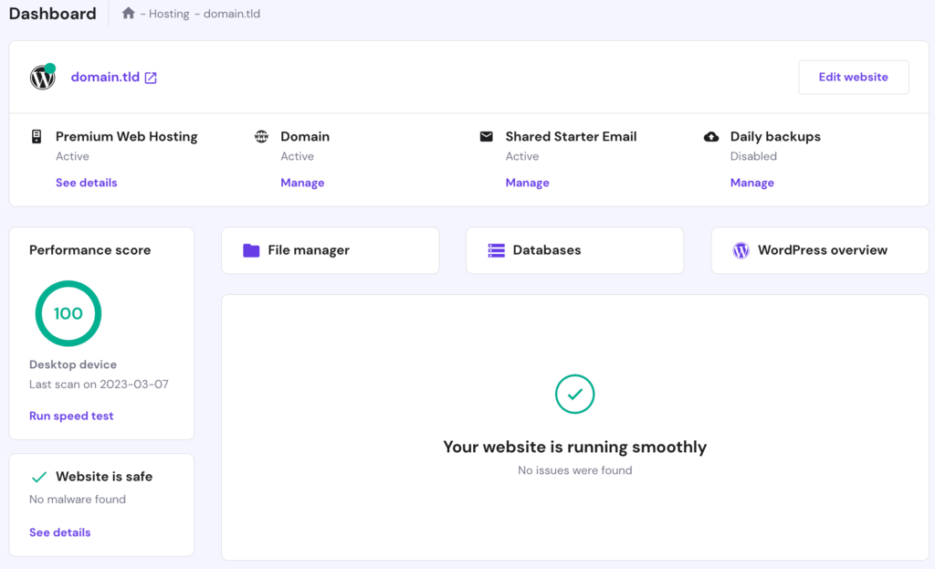 Die Dashboard-Seite in hPanel