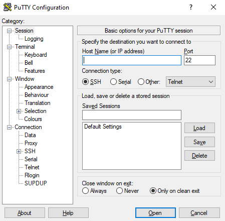 Screenshot der PuTTY-Konfiguration.