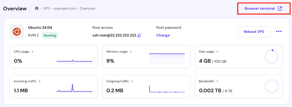 Die Schaltfläche „Browser-Terminal“ im VPS-Übersichtsmenü von hPanel