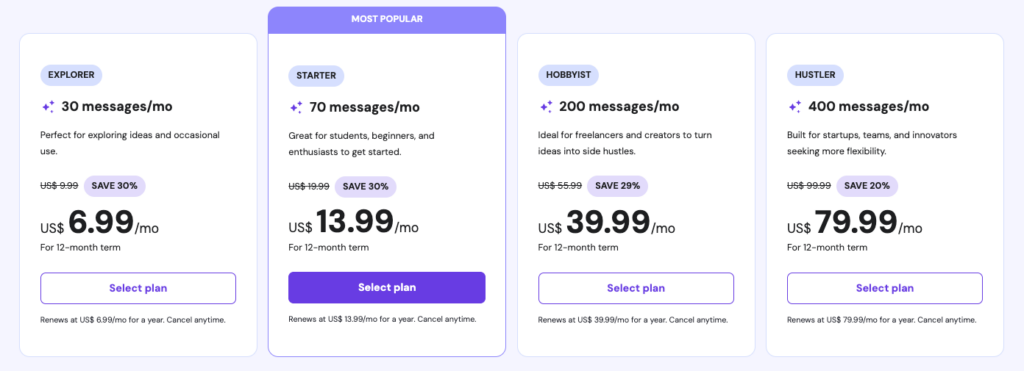 Tarifoptionen auf der Landing Page von Hostinger Horizons
