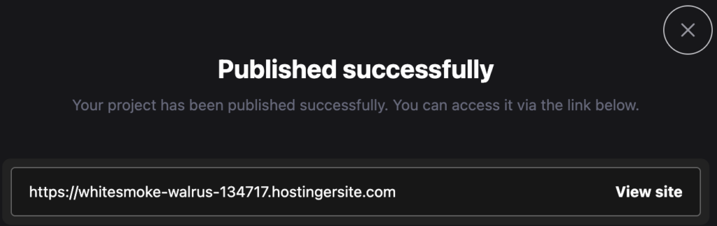 Hostinger Horizons Benachrichtigung erfolgreiche Veröffentlichung