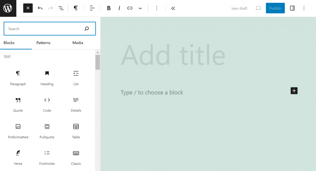 WordPress-Theme Twenty Twenty-One: Gutenberg-Editor-Seite zum Hinzufügen einer neuen Seite