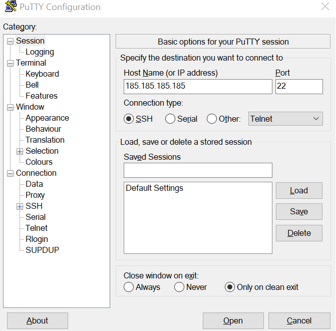 PuTTY SSH-Benutzeroberfläche