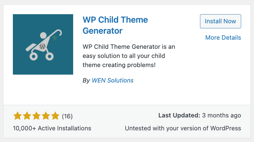 WP Child Theme Generator Plugin-Auflistung