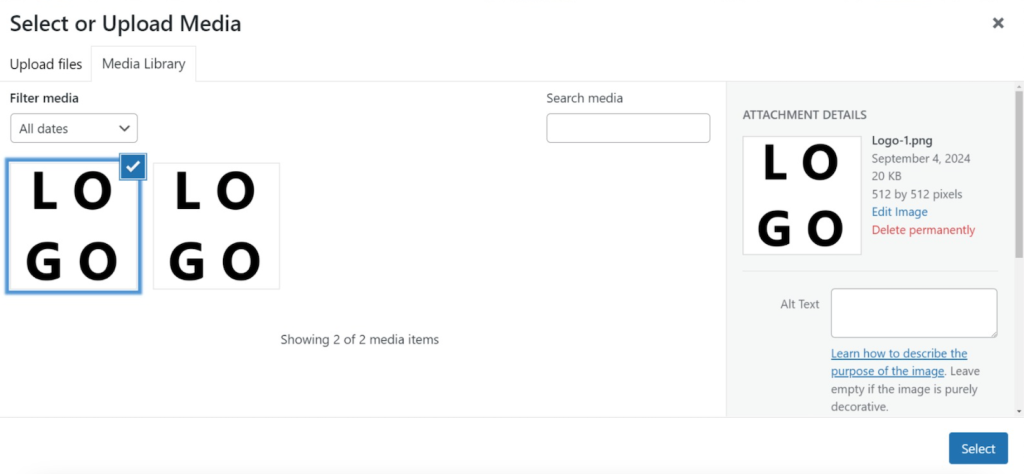 Favicon-Bild in der WordPress-Medienbibliothek