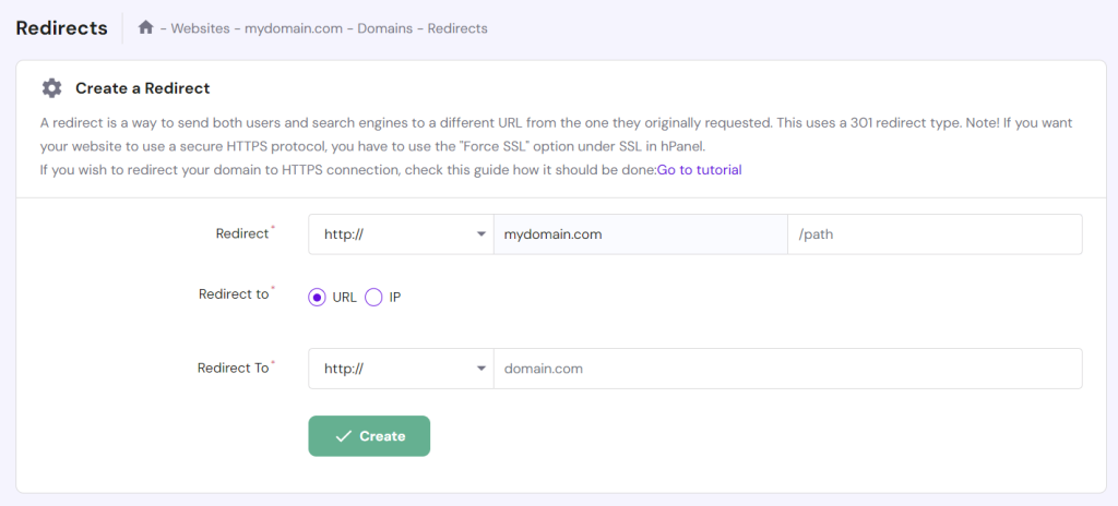 Konfigurationsseite für die Domänenumleitung in hPanel