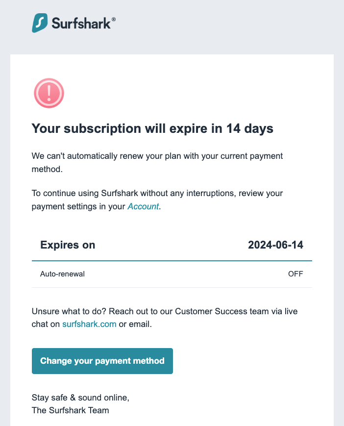 Ein Beispiel für eine verhaltensgesteuerte E-Mail von Surfshark