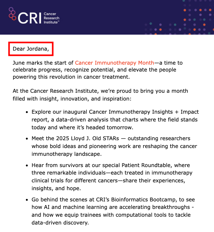 Ein Beispiel für dynamische E-Mail-Inhalte des Cancer Research Institute