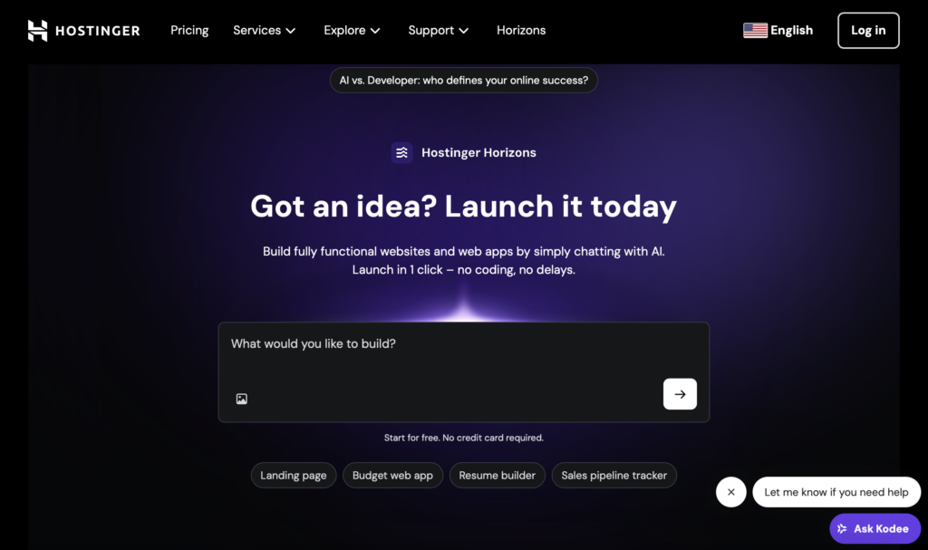 Ein Screenshot von Hostinger Horizons, einem Beispiel für ein KI-gestütztes Tool zur Entwicklung von Websites und Apps.
