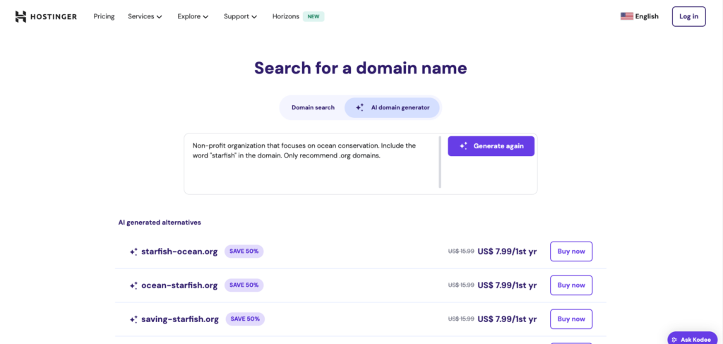Das KI-gestützte Domain-Suchtool von Hostinger, das verfügbare Domains basierend auf der Eingabe anzeigt.