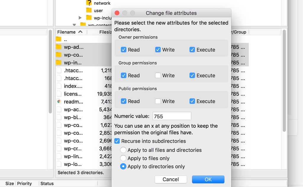 Fenster „Change file attributes“ von FileZilla (Screenshot)