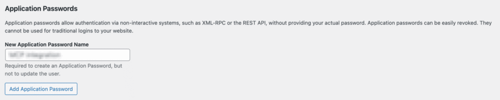 Das Menü „Application Password“ in WordPress mit eingegebenem Namen