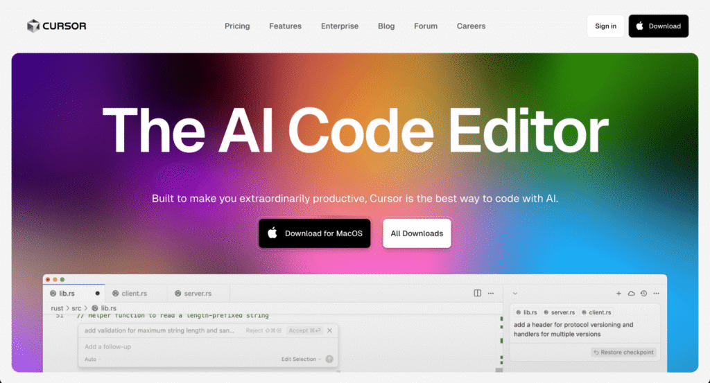 Startseite von Cursor AI