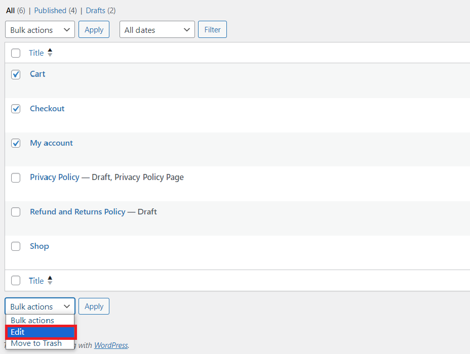 Das Menü „Bearbeiten“ im Dropdown-Menü „Sammelaktionen“ von WordPress ist hervorgehoben.
