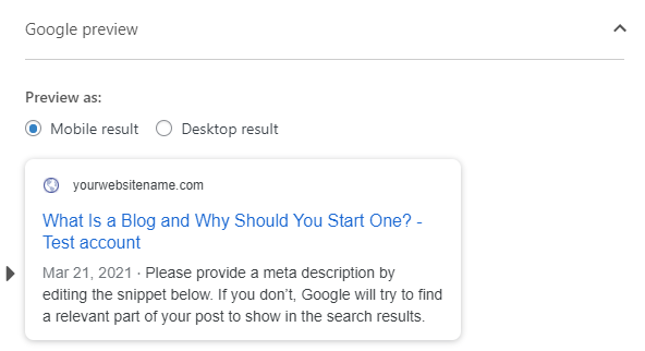 Google-Vorschau der Meta-Beschreibung eines Artikels zum Thema „Was ist ein Blog?“