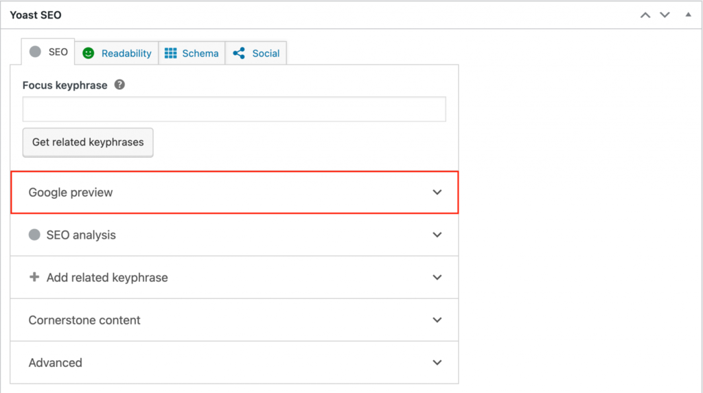 Yoast SEO Google-Vorschau-Dropdown-Bereich