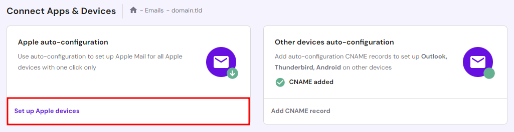 Die automatische Konfigurationsfunktion von Hostinger für Apple-Geräte, die die Option zum Einrichten von Apple-Geräten hervorhebt
