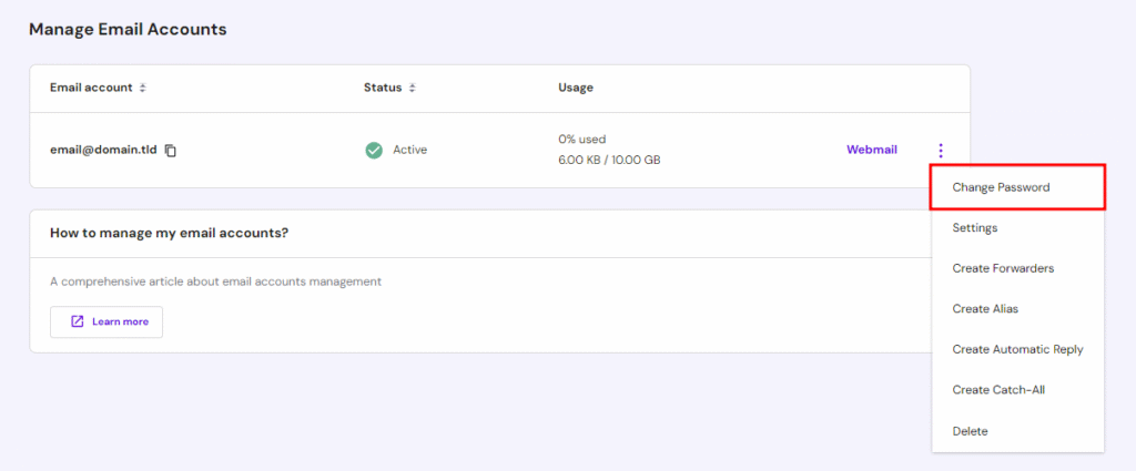 Abschnitt „E-Mail-Konten verwalten” in Hpanel, in dem die Option zum Ändern des E-Mail-Passworts hervorgehoben ist
