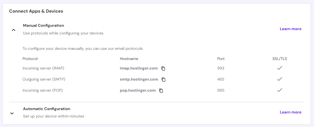 IMAP-, SMTP- und POP-Einstellungen im Hostinger hPanel