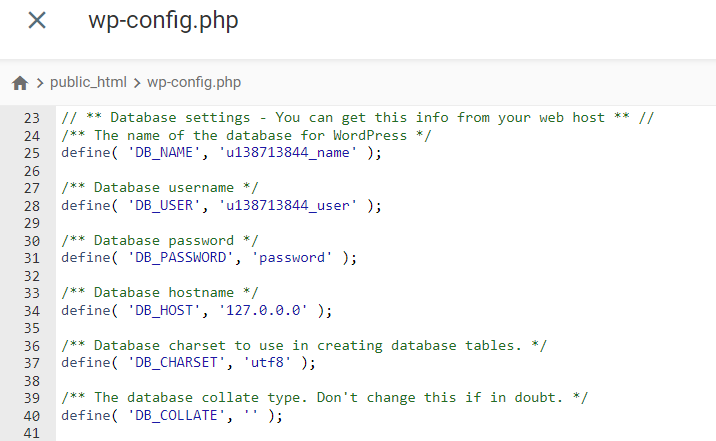 Die Datenbankinformationen in einer wp-config.php.