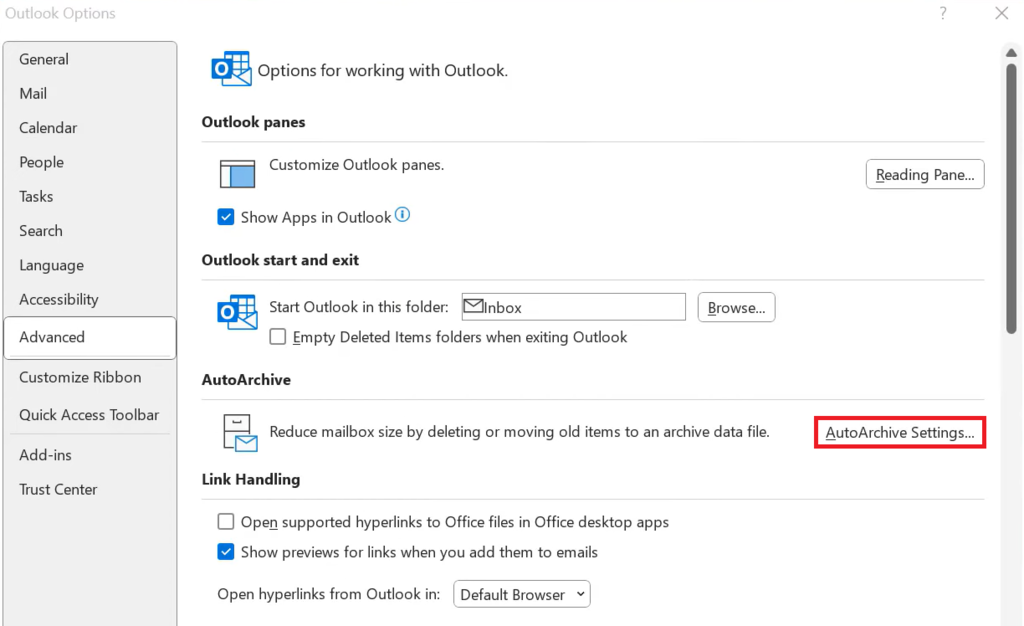 Zugriff auf die Einstellungen für die AutoArchivierung in Outlook