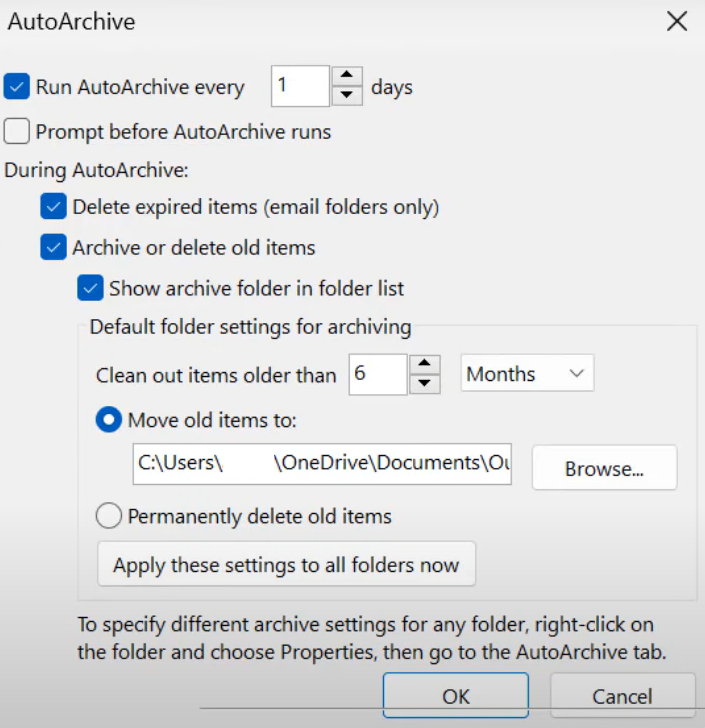 Anpassen der Einstellungen für die automatische Archivierung in Outlook