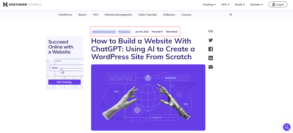 Screenshot eines Artikels aus den Hostinger-Tutorials, in dem die Metadaten des Beitrags hervorgehoben werden