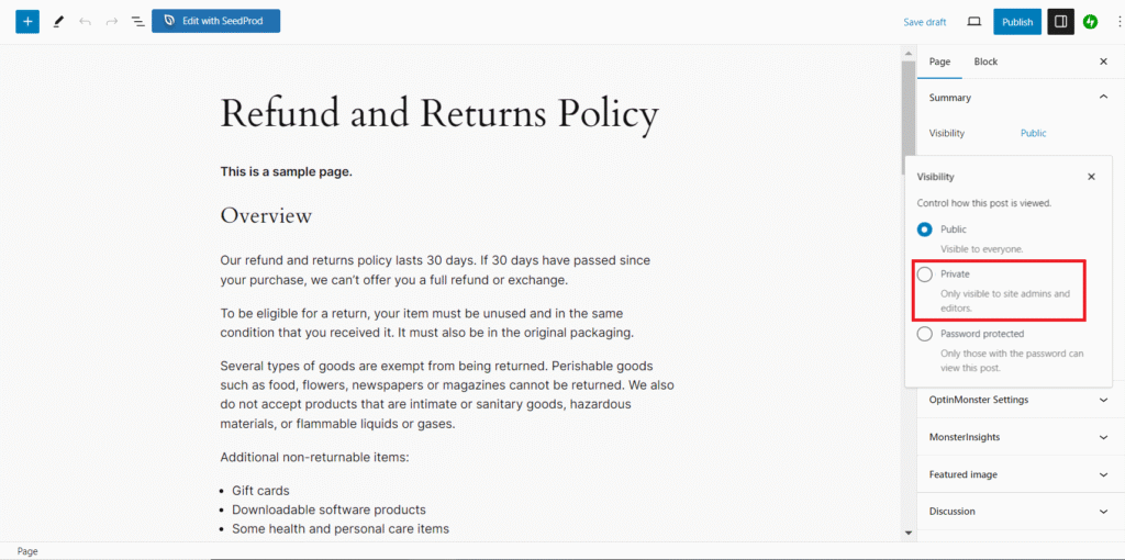 Die Option „Privat“ im WordPress-Block-Editor ist hervorgehoben.