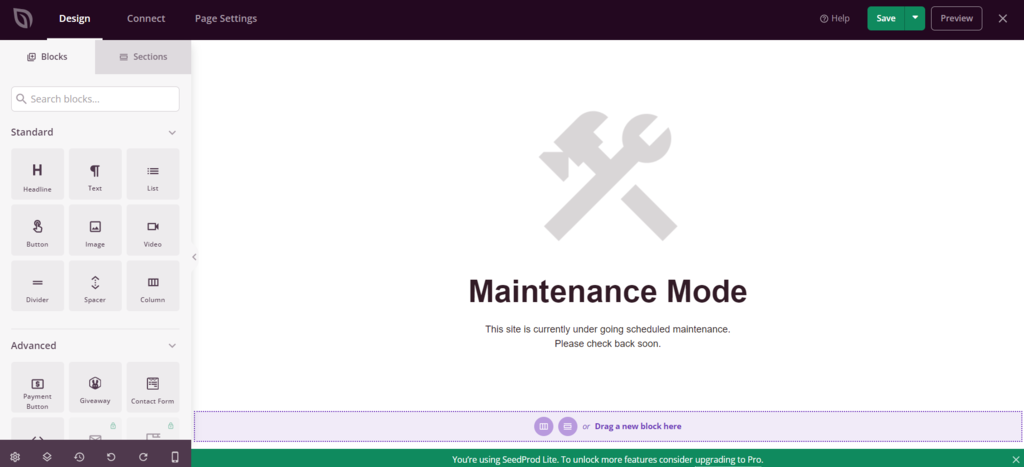 Die Drag-and-Drop-Editor-Oberfläche der Wartungsseite im SeedProd-Plugin.