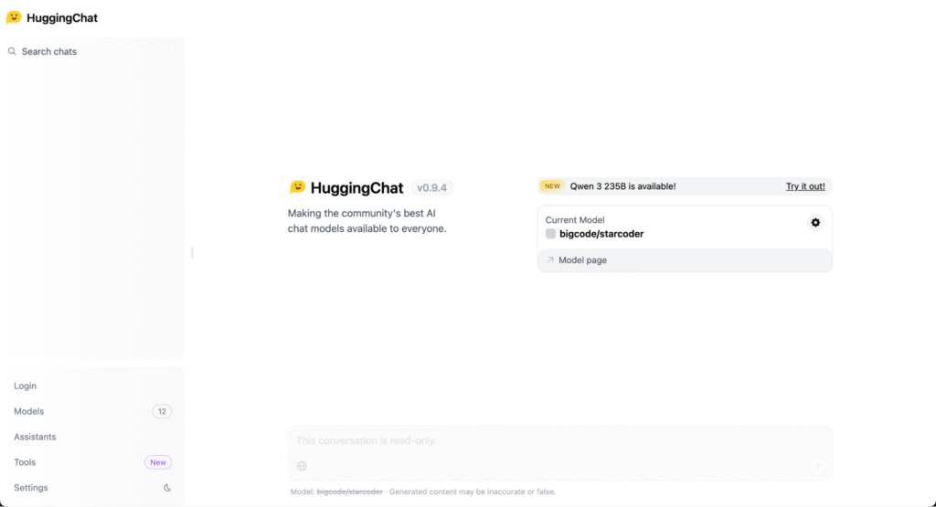 Startseite von StarCoder HuggingChat