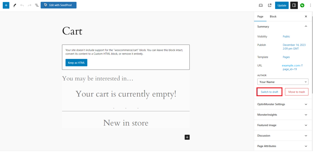 Die Schaltfläche „Zum Entwurf wechseln“ im Einstellungsfeld des WordPress-Blockeditors ist hervorgehoben.