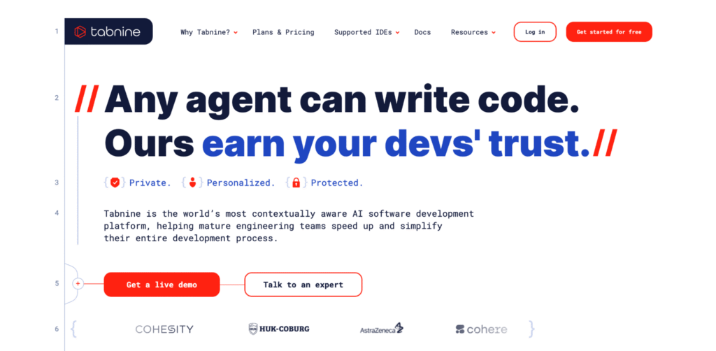 Startseite von Tabnine