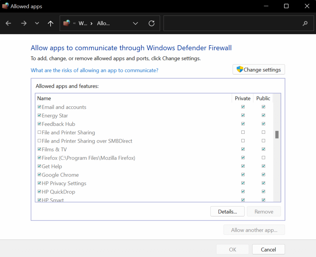 Die Liste der zugelassenen Anwendungen in der Windows Defender-Firewall
