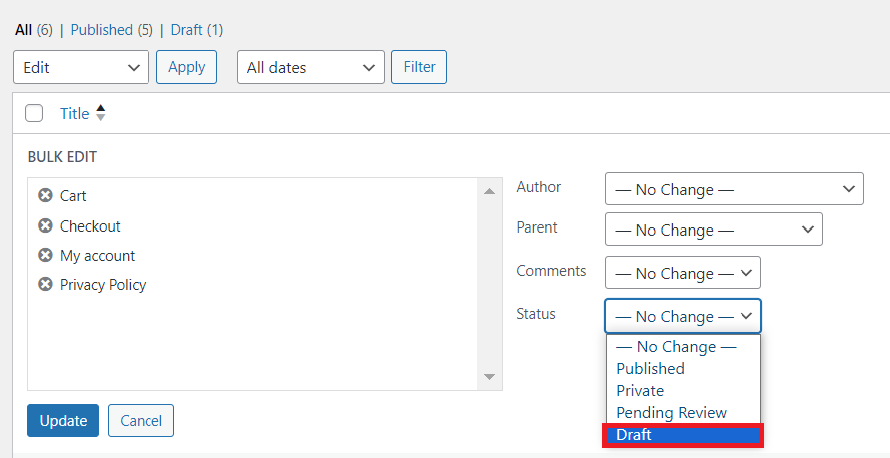 Der Entwurfsstatus wird auf der Benutzeroberfläche für Sammelaktionen von WordPress hervorgehoben.