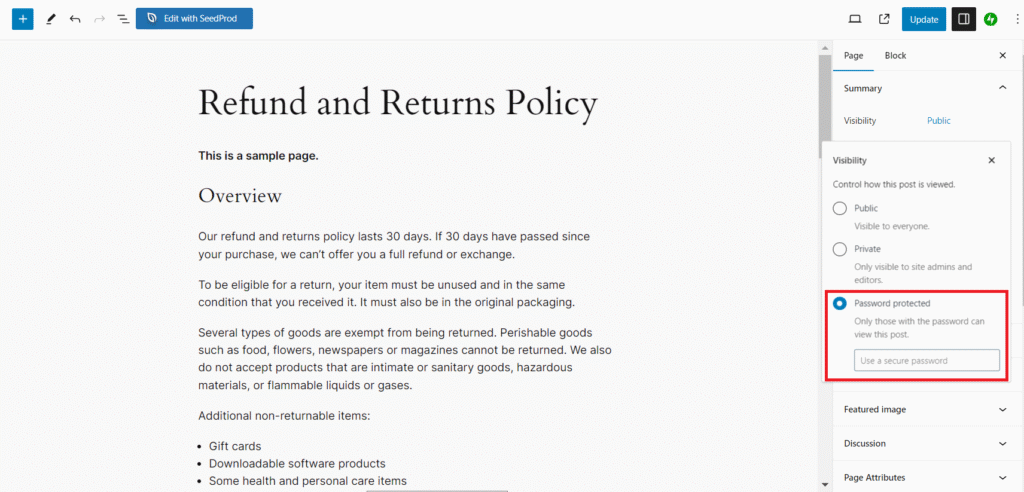 Die Option „Passwortgeschützt“ im Block-Editor von WordPress ist hervorgehoben.