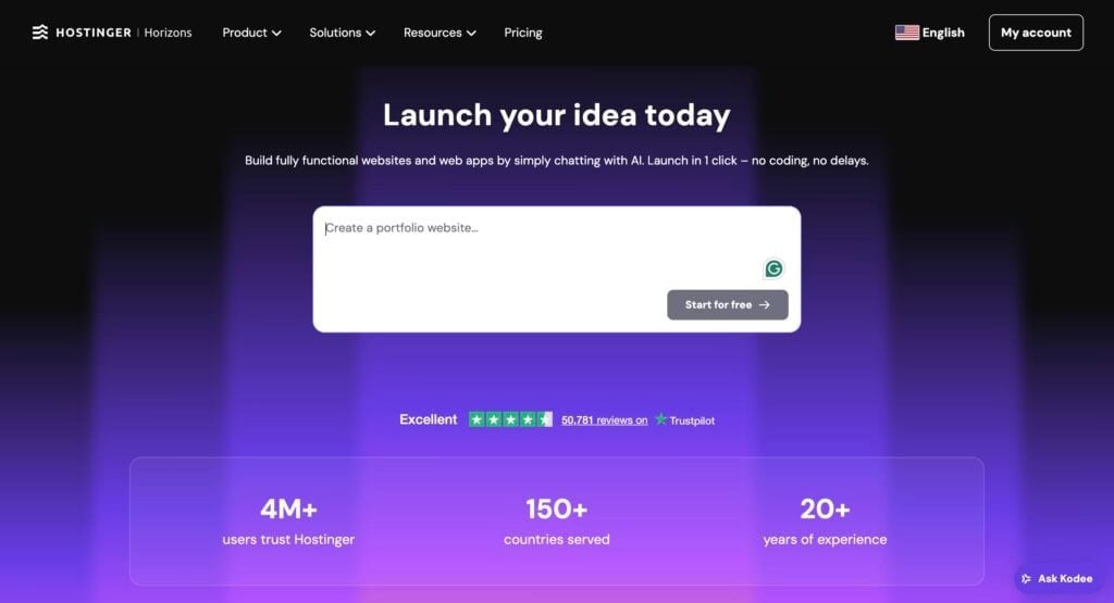 Startseite von Hostinger Horizons