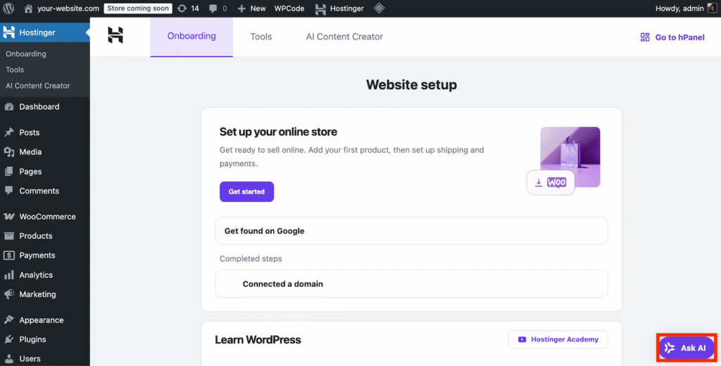 Die Schaltfläche „Kodee“ im WordPress-Admin-Dashboard