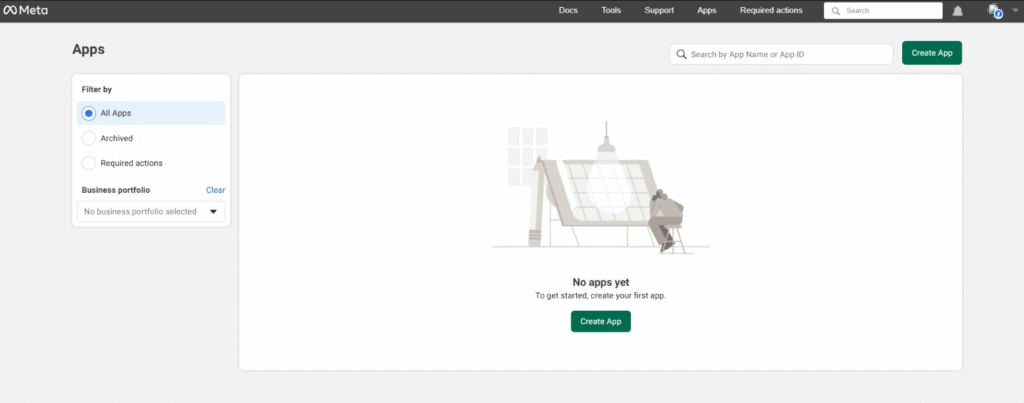 Der Begrüßungsbildschirm der Meta-Entwicklerseite